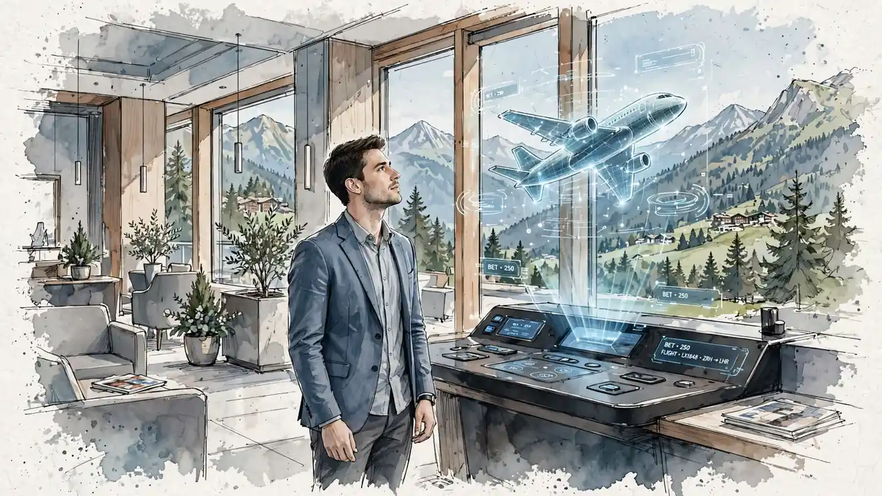 Junger Mann in Casino mit Alpenblick und Flugzeug-Icon