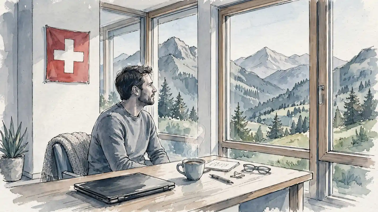 Schweizer Büro mit Alpenblick und Laptop