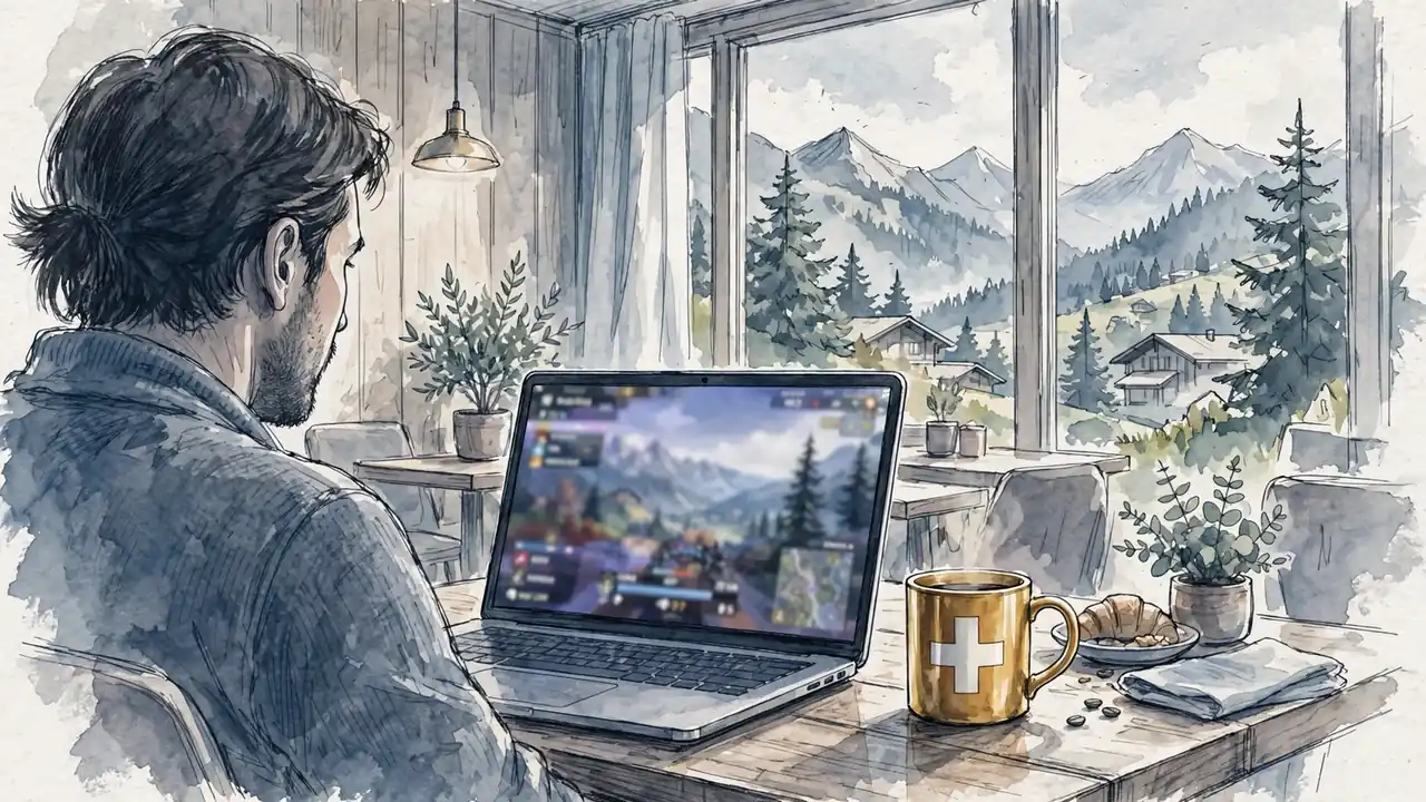 Schweizer Café mit Laptop, Kaffeetasse und Alpenblick