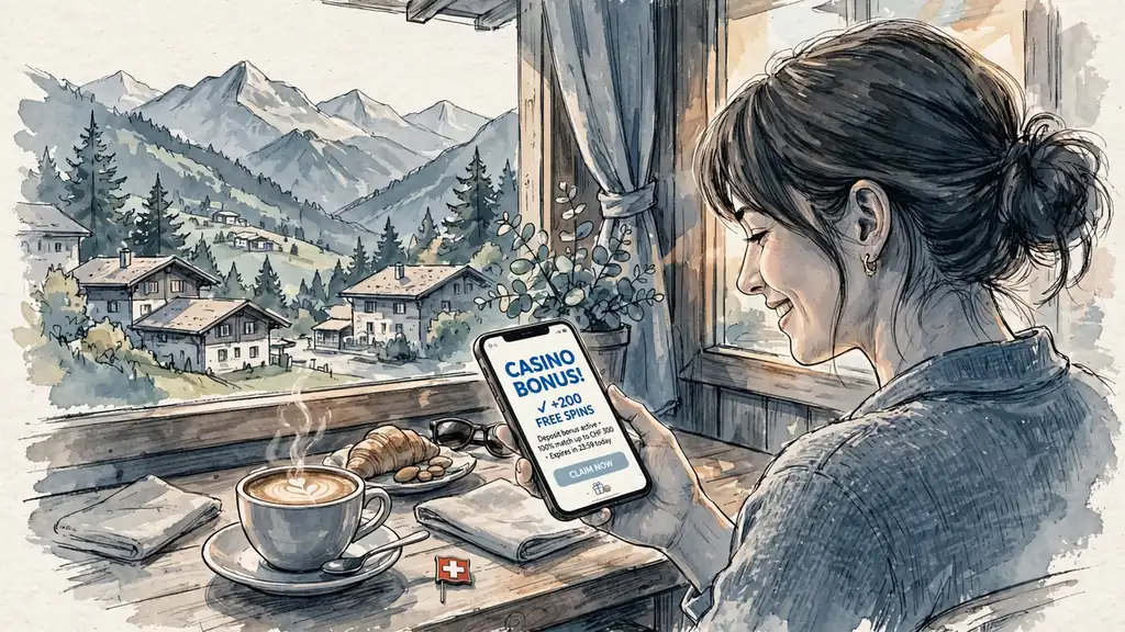 Junger Mensch mit Smartphone, Kaffee und Schweizer Flagge im Café