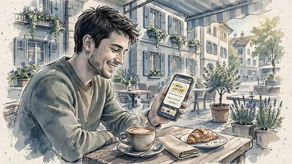 Junger Mensch mit Smartphone und Kaffeetasse auf Zürich-Caféterrasse