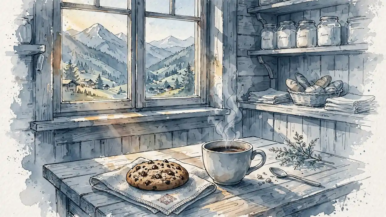 Schweizer Bäckerei mit frischem Schokoladenkeks und Kaffee im Morgenlicht