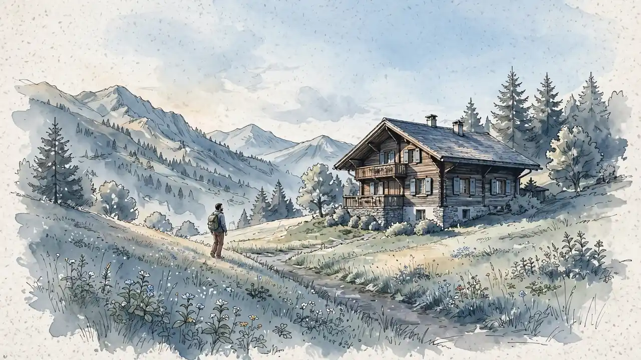 Alpines Chalet im Morgenlicht mit klarem Himmel