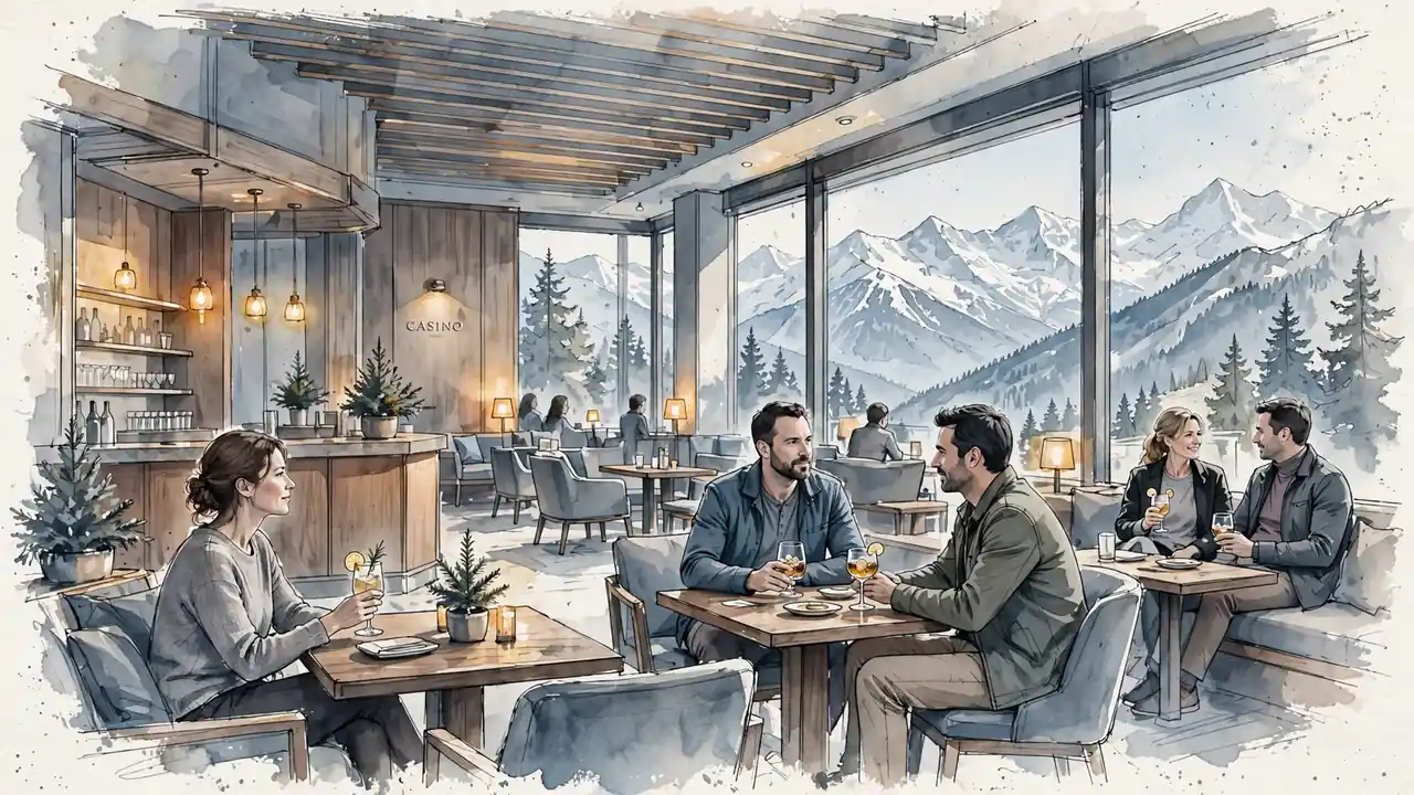 Panorama eines modernen Schweizer Casino-Lounges mit Alpen im Hintergrund.