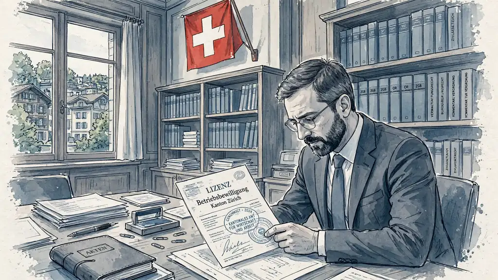 Regulierungsbeamter prüft Lizenzdokument in einem Schweizer Amt.