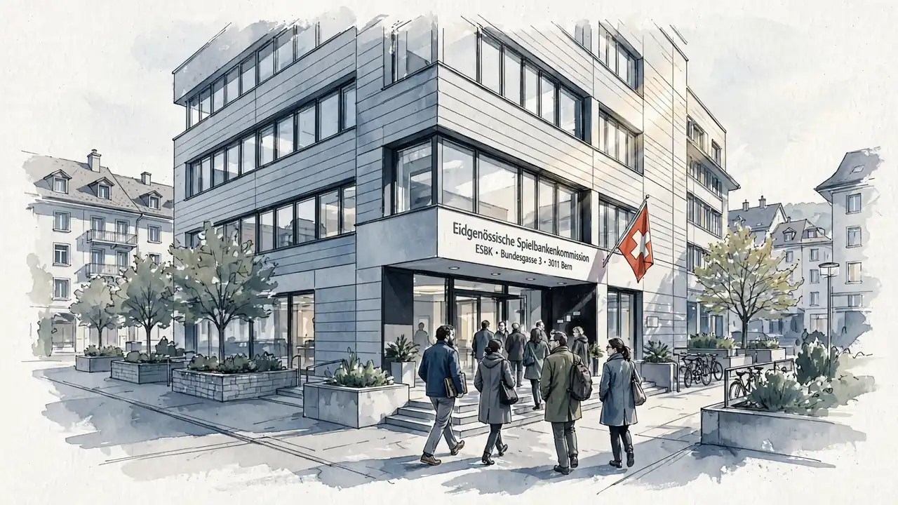 Gebäude der Eidgenössischen Spielbankenkommission in Bern bei Tageslicht.