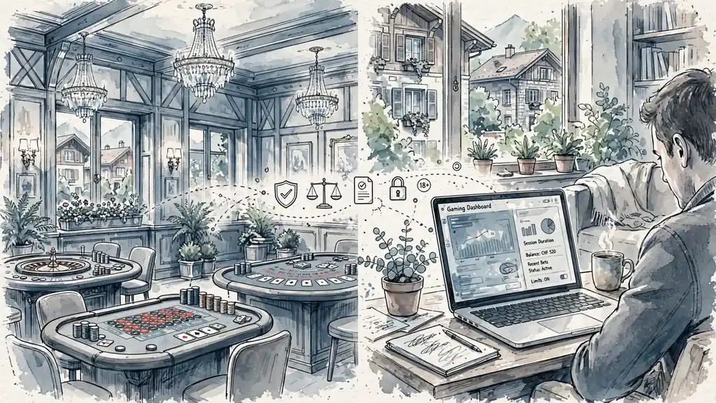 Geteilte Darstellung: traditionelles Casino und Laptop mit unscharrem Dashboard.