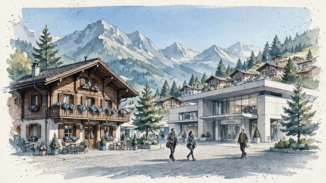 Schweizer Stadtplatz mit Chalet und Casino im Vordergrund bei Tageslicht
