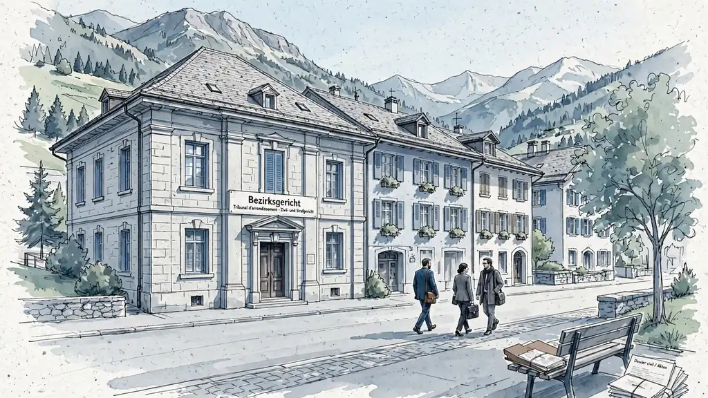 Schweizer Gerichtsgebäude mit Alpen im Hintergrund bei Tageslicht