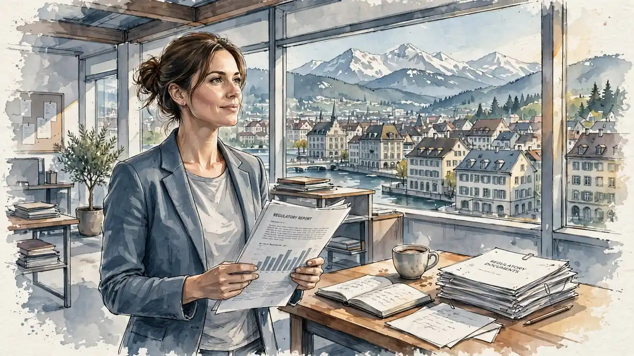 Journalist im Schweizer Redaktionsraum mit Alpenblick